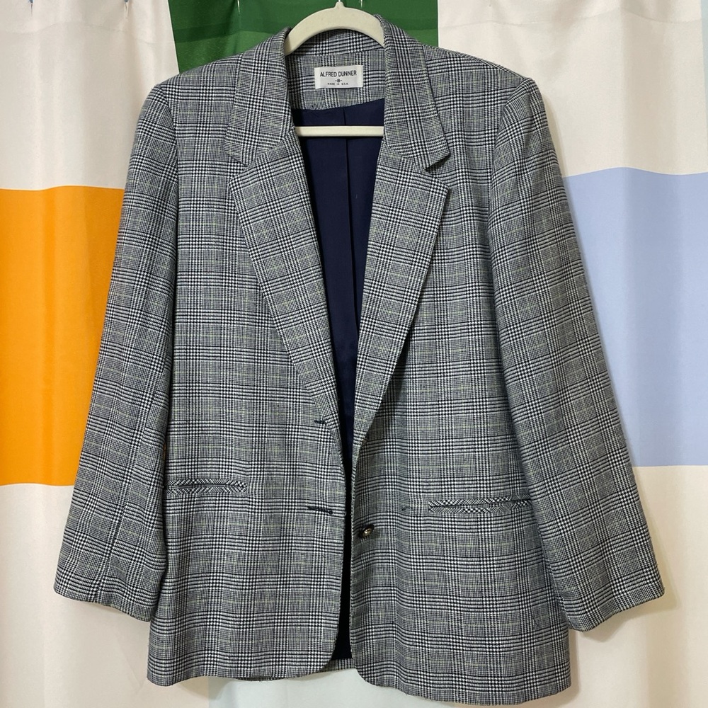 Vintage black and white plaid blazer with gold buttons